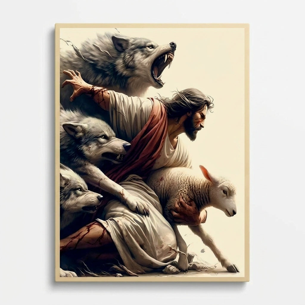 Jesus Protecting Lamb from Wolves - Canvas
