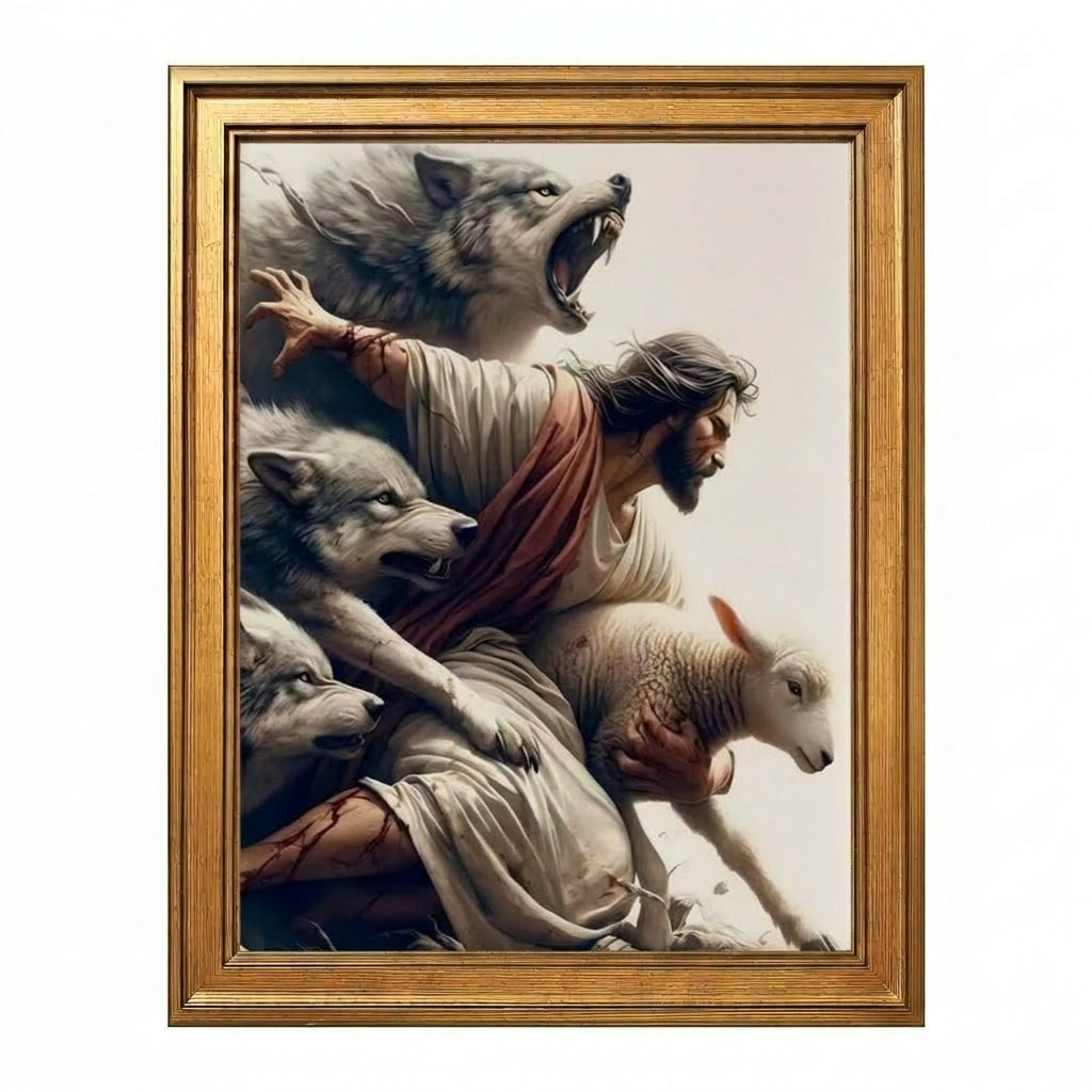 Jesus Protecting Lamb from Wolves - Canvas