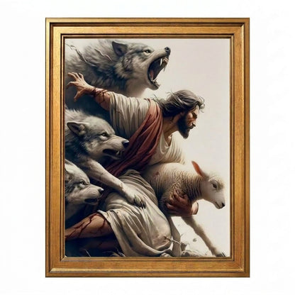 Jesus Protecting Lamb from Wolves - Canvas