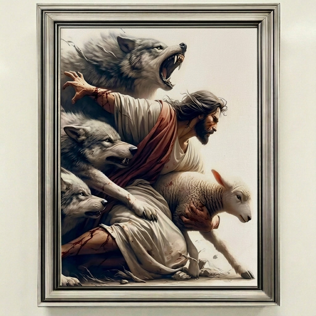 Jesus Protecting Lamb from Wolves - Canvas