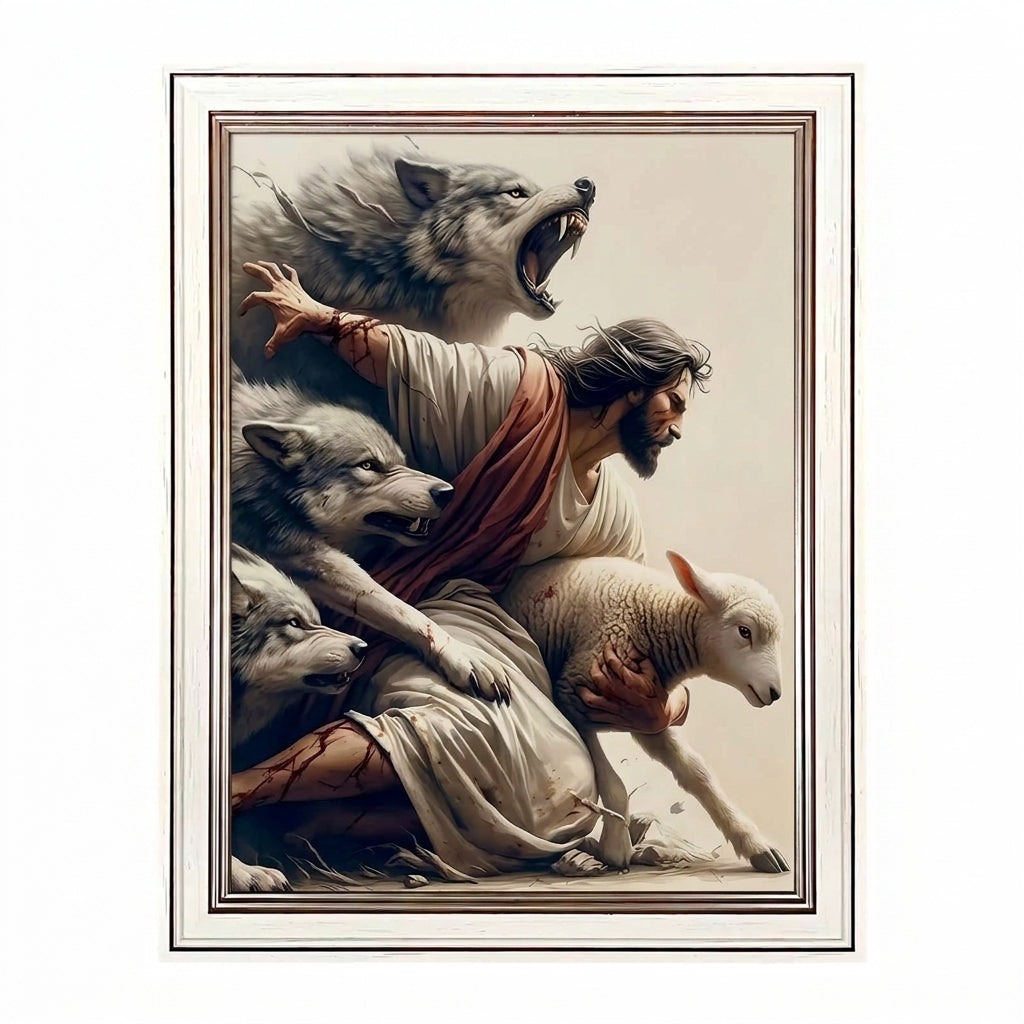 Jesus Protecting Lamb from Wolves - Canvas