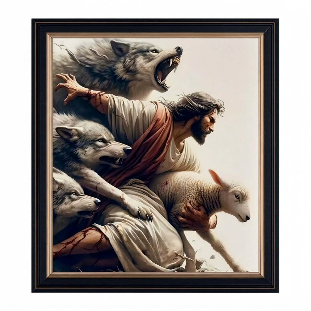 Jesus Protecting Lamb from Wolves - Canvas