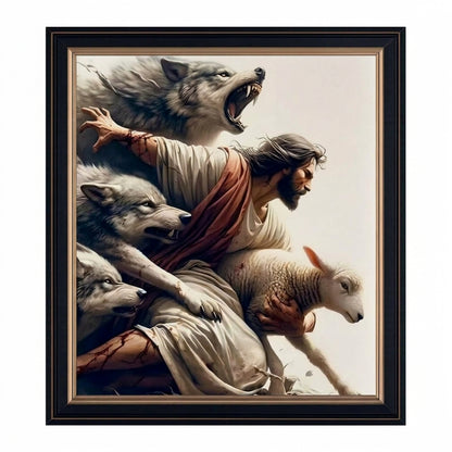 Jesus Protecting Lamb from Wolves - Canvas