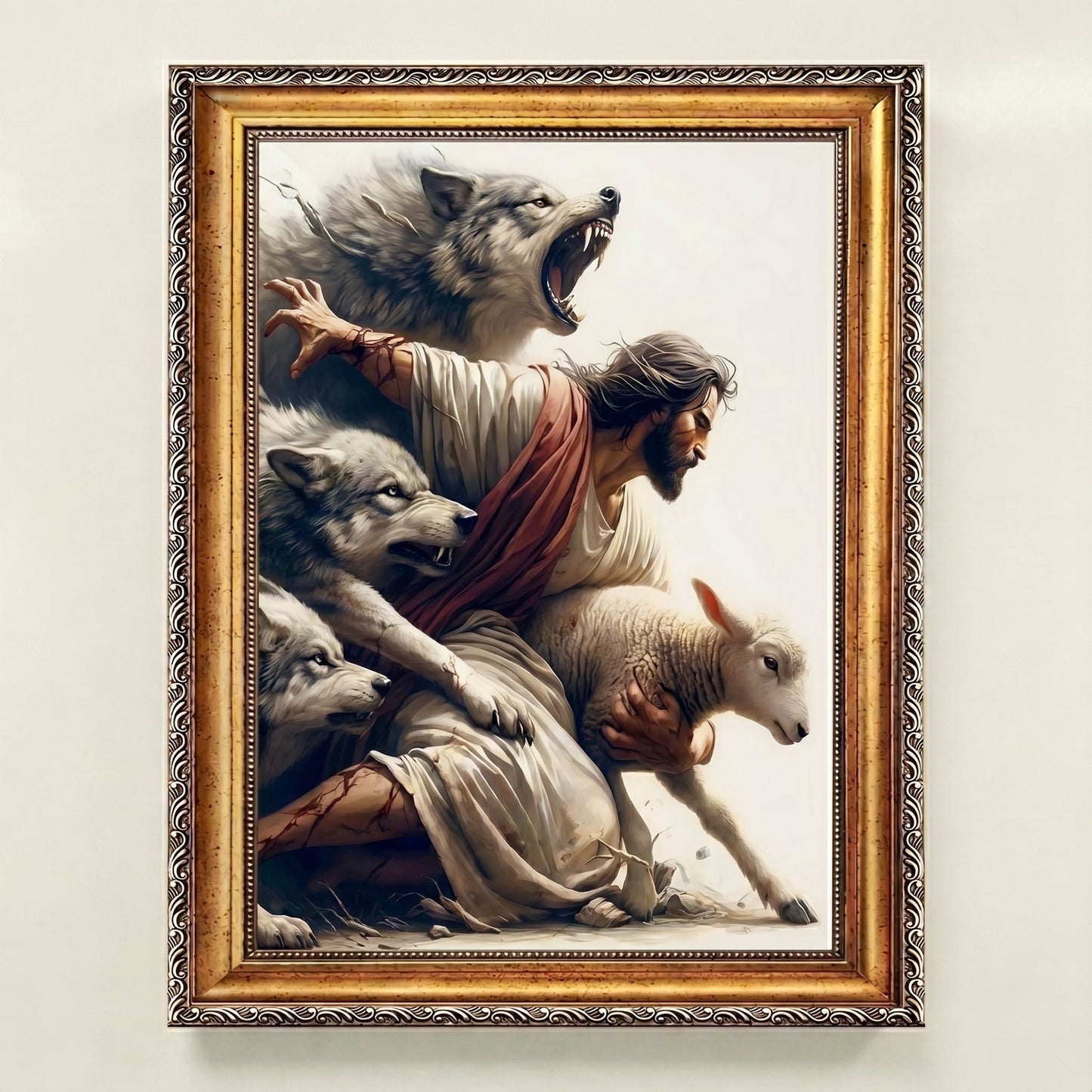 Jesus Protecting Lamb from Wolves - Canvas