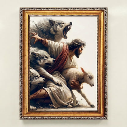 Jesus Protecting Lamb from Wolves - Canvas